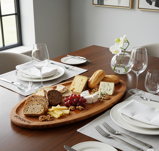 Bonsai™ Hand-Carved Teak Serving Platter – Oval Wooden Tray for Dining & Entertaining